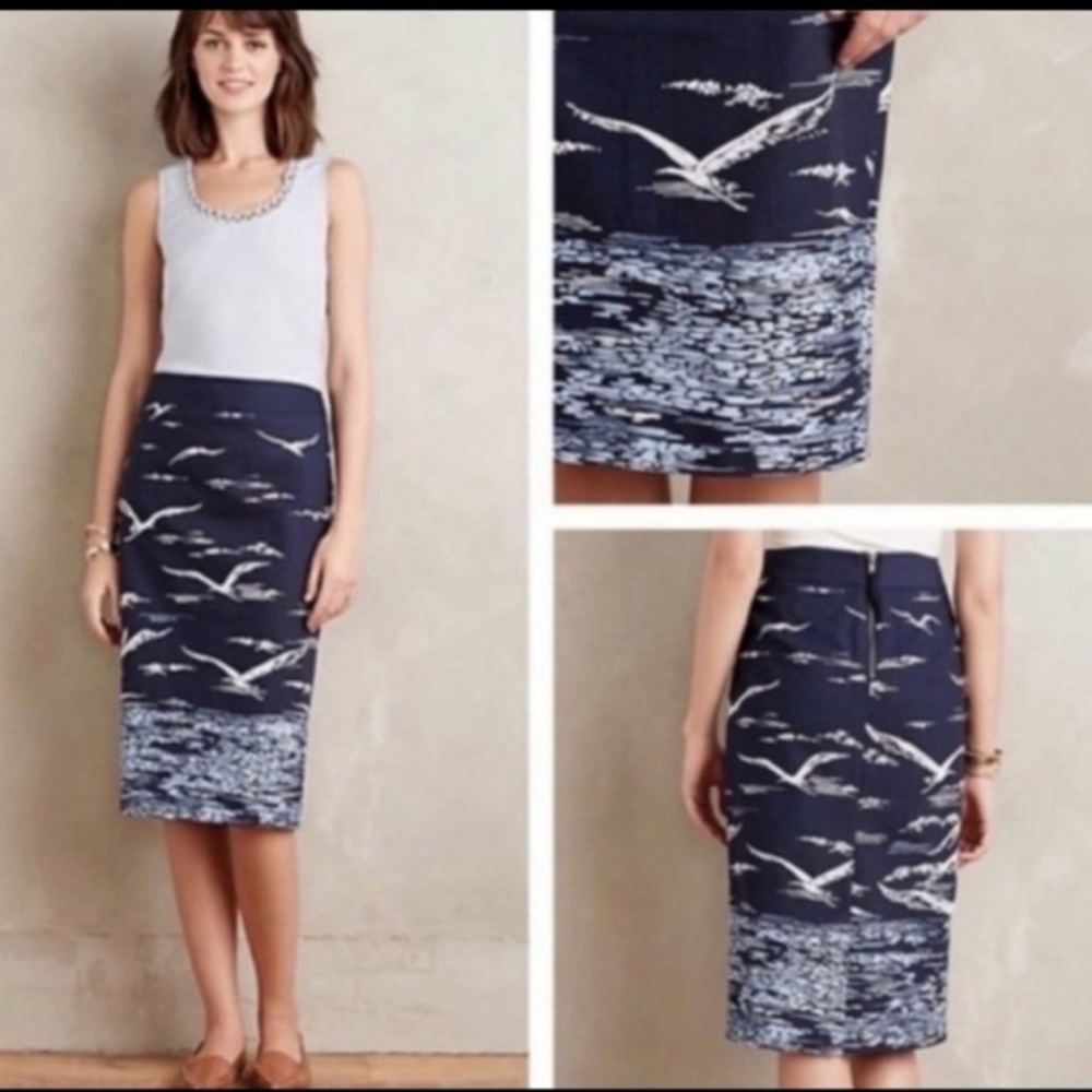 🩵 💙 Anthropologie Maeve Seagull Printed Pencil Skirt Blue NWT sz 4 - Picture 10 of 11